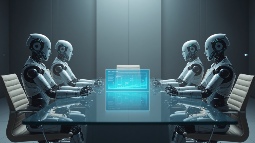 Specialized AI agents collaborating around a digital conference table.
