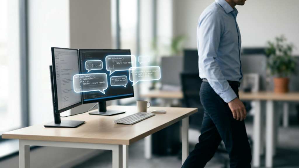 A human business owner stepping back while AI agents communicate autonomously.