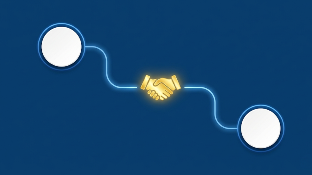 Two AI agents connecting in a simple duo workflow symbolized by a handshake.