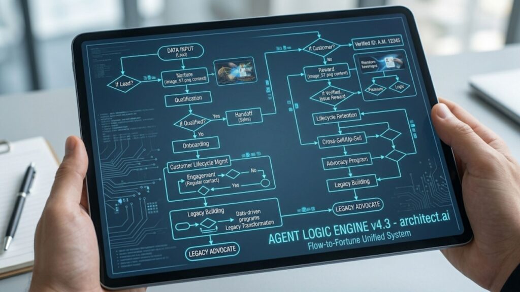 A digital blueprint showing the logic flow of a Lead-to-Legacy AI system.
