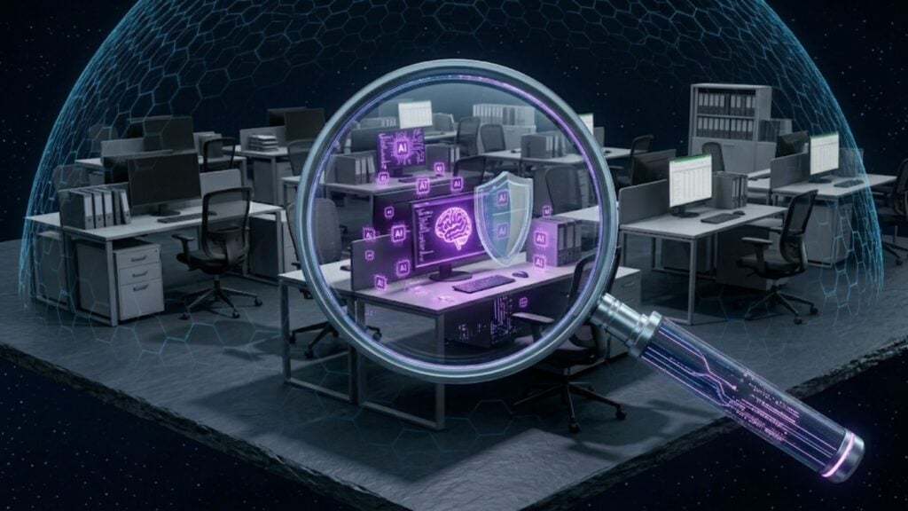 A magnifying glass revealing unauthorized AI usage within a professional office environment.