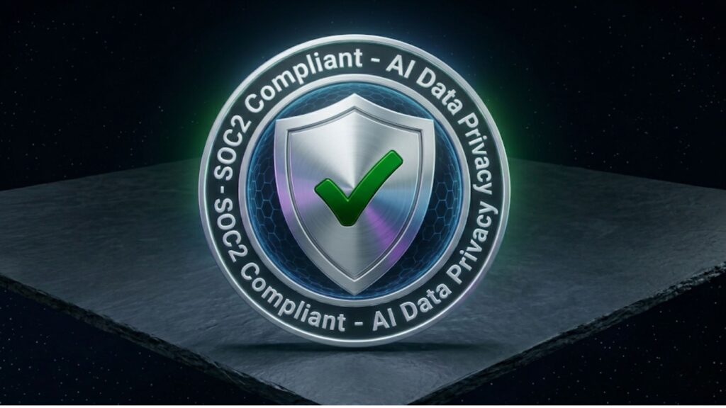 A corporate security seal representing AI data privacy and SOC2 compliance.