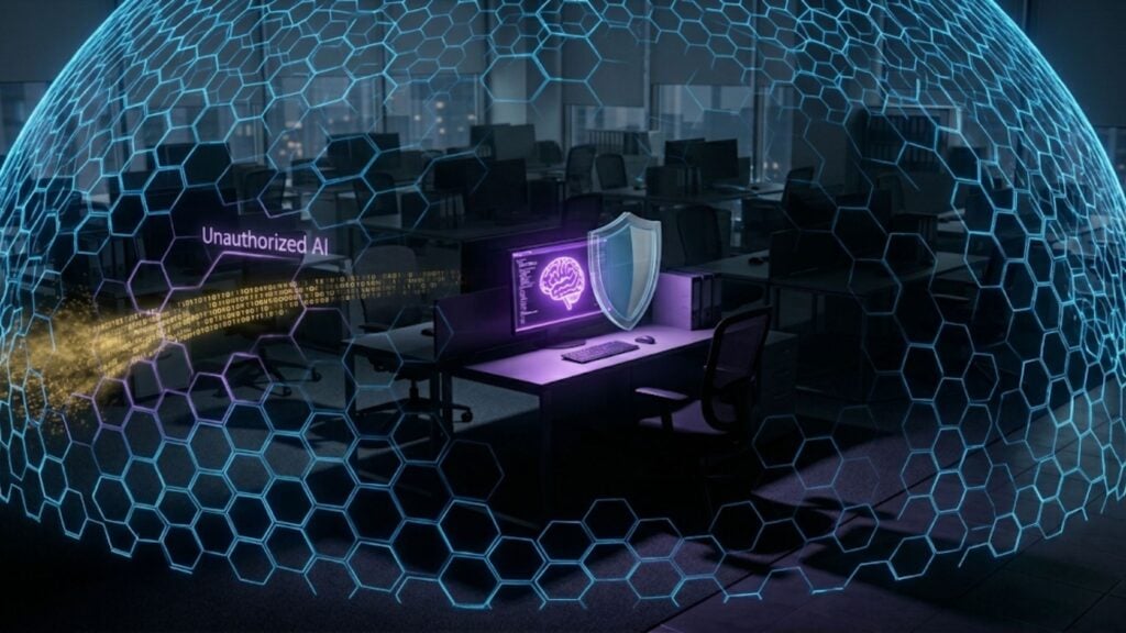  Binary data leaking through a gap in a digital security wall representing Shadow AI risks.