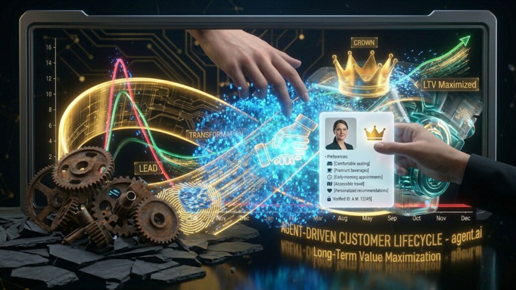 A hand retrieving a personalized customer profile from a data cloud, symbolizing contextual intelligence.